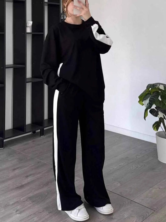 Full Size Contrast Round Neck Top and Pants Set Plus Size