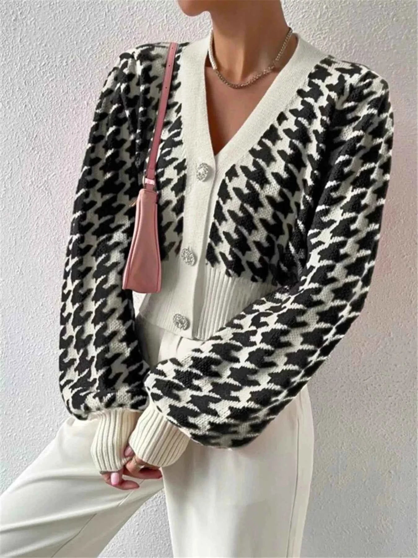 Houndstooth V-Neck Button Up Cardigan