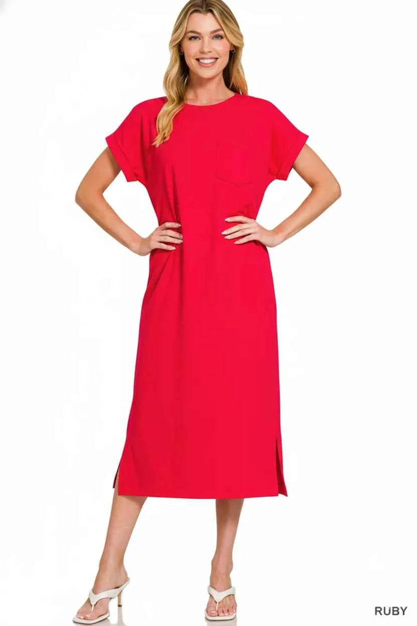 Zenana Round Neck Short Sleeve Midi Dress
