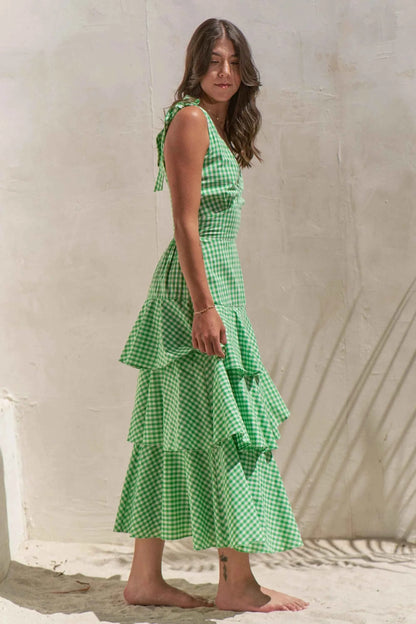 Jade By Jane Full Size Sleeveless Gingham Print Tiered Midi Dress Plus Size