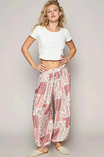 POL Drawstring Floral Patchwork Wide leg Pants