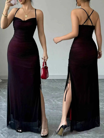 Ruched Sweetheart Neck Slit Maxi Dress