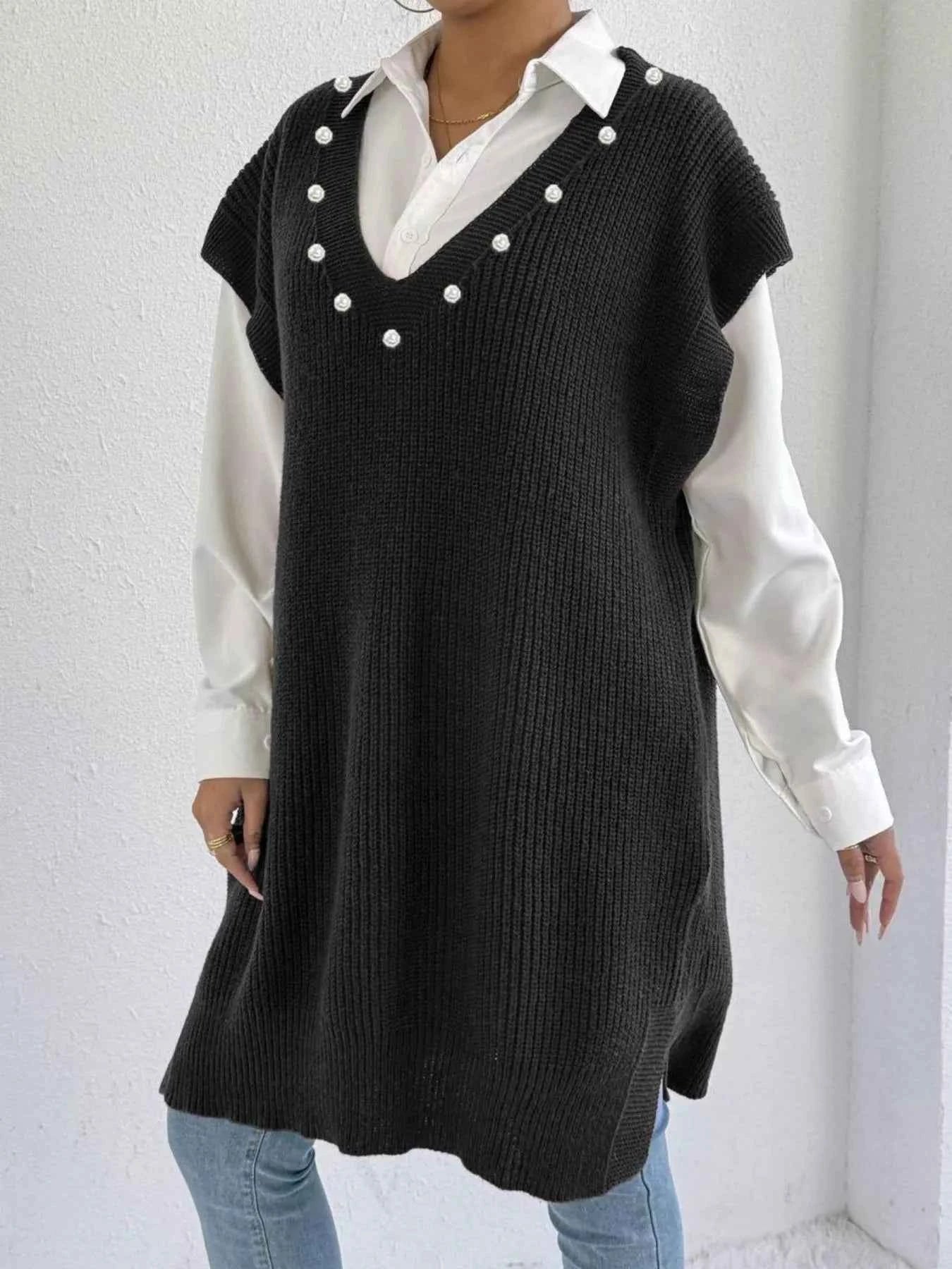 Slit V-Neck Sweater Dress