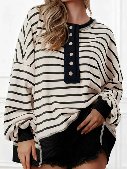 Striped Button Detail Casual Sweatshirt