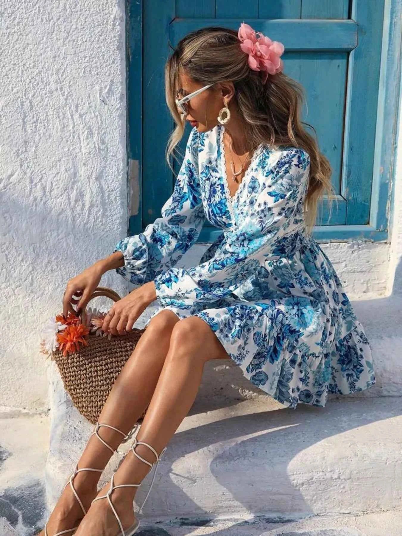 Full Size Floral Print V-Neck Long Sleeve Ruffle Hem Mini Dress Plus Size