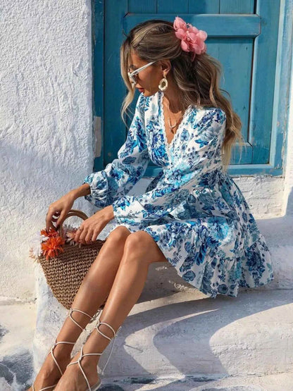 Full Size Floral Print V-Neck Long Sleeve Ruffle Hem Mini Dress Plus Size