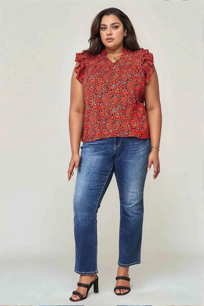 Double Take Floral Flutter Sleeve Notched Neck Blouse