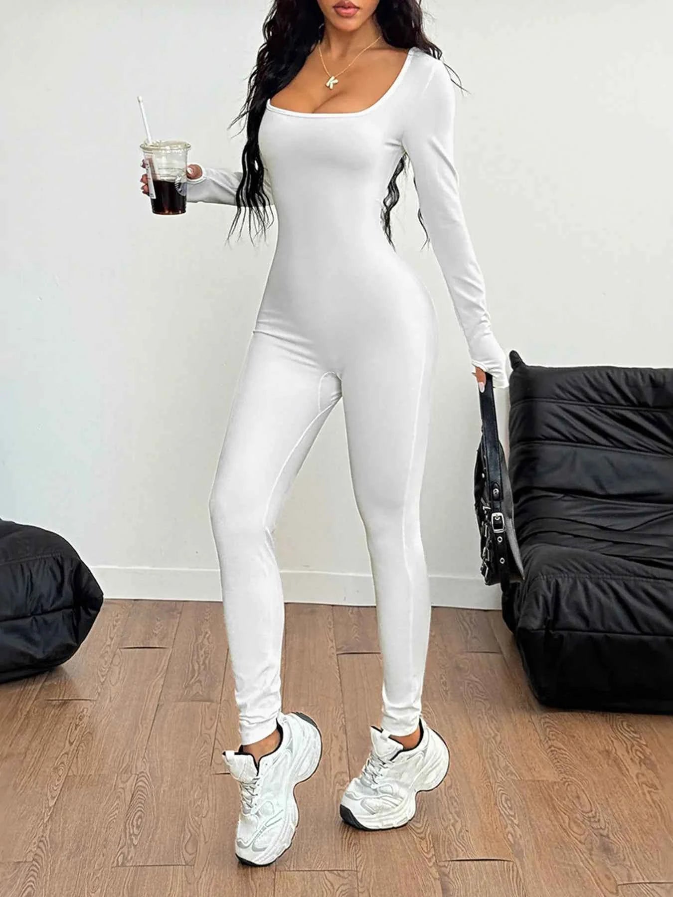 Square Neck Long Sleeve Active Jumpsuit