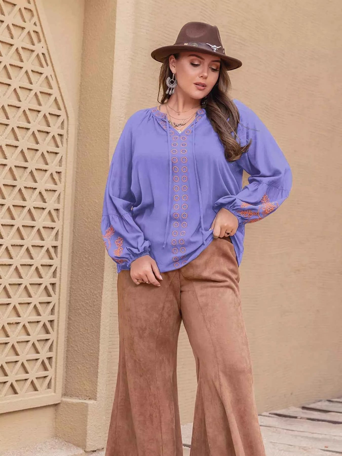 Plus Size Boho Embroidered Long Sleeve Blouse
