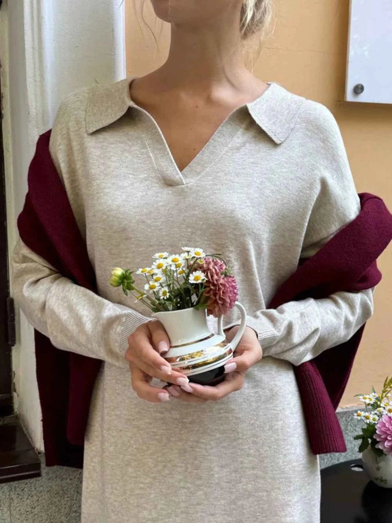 Long Sleeve Collared Neck Knit Dress