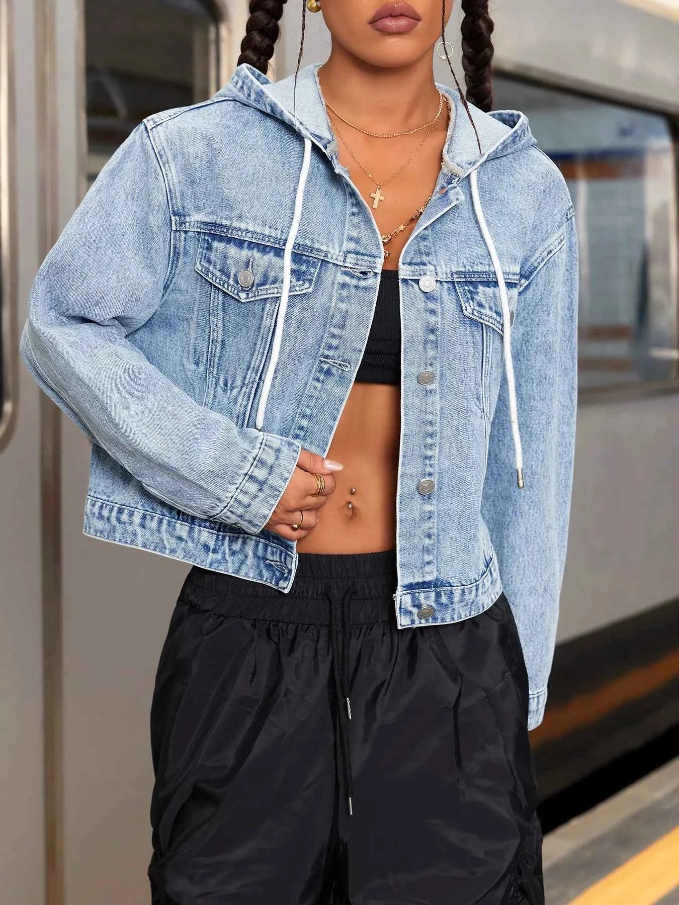 Hooded Drawstring Cropped Denim Jacket