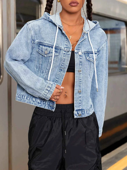 Hooded Drawstring Cropped Denim Jacket