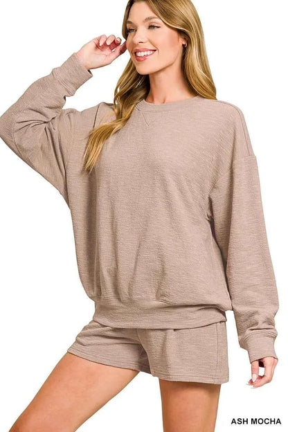 Zenana Slub Long Sleeve Top and Shorts Set