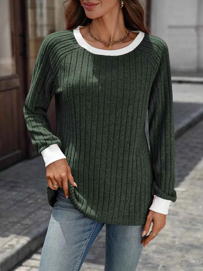 Ribbed Round Neck Raglan Sleeve Knit Top