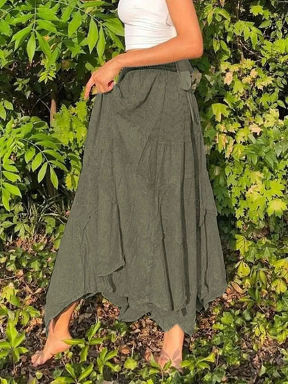 Asymmetrical Hem Midi Skirt with Drawstring Waist