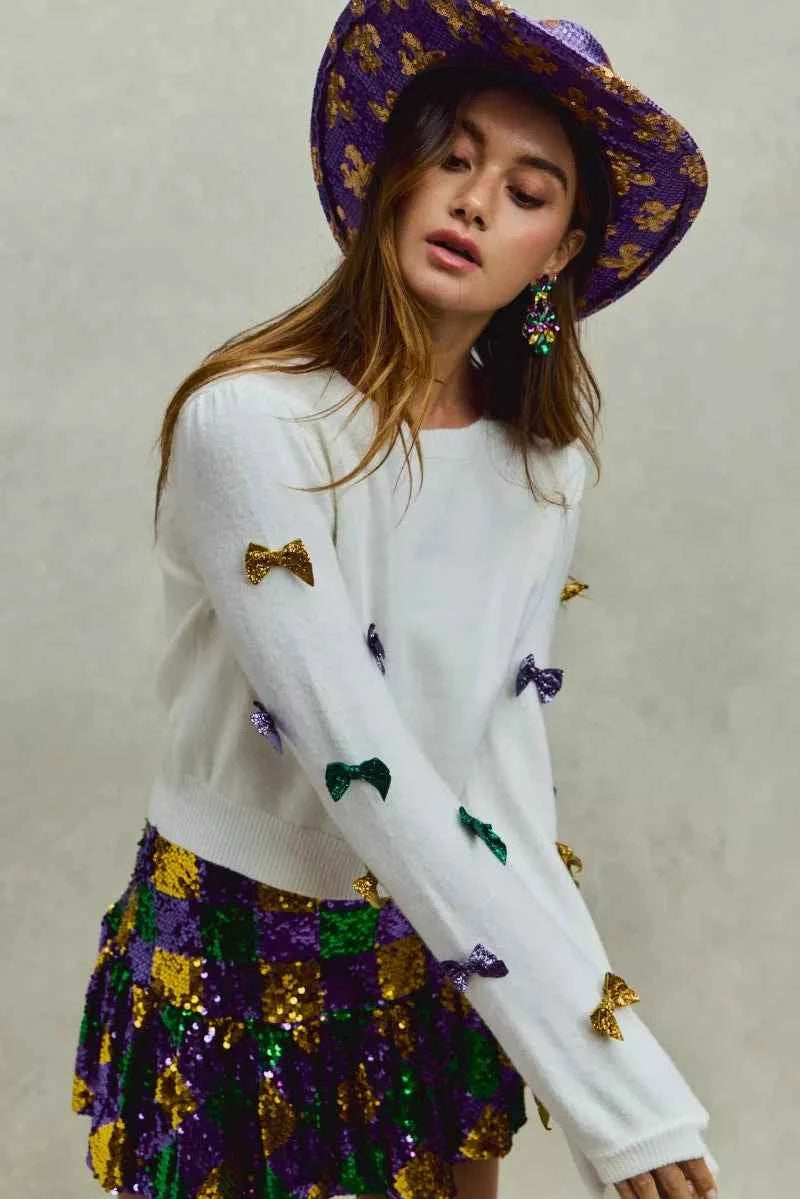 SO ME Mardi Gras Glitter Bow Ribbon Sweater Knit Top