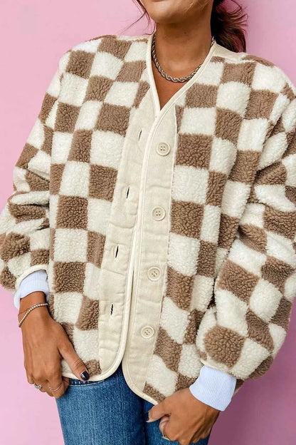 Checkered Sherpa Oversized Button Up Jacket