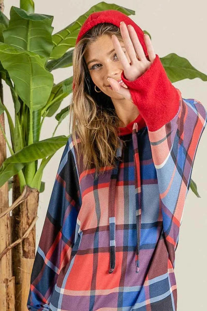 BiBi Plaid Mirr Brushed Rib Contrast Thumb Open Hoodie