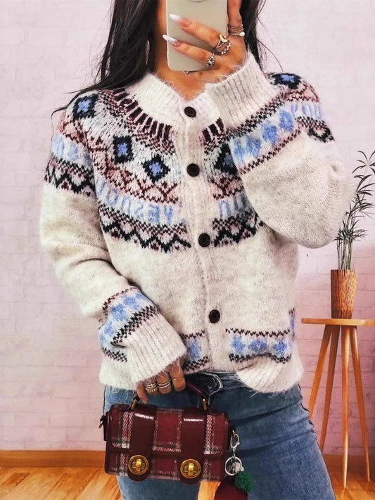 Geometric Pattern Button Up Long Sleeve Cardigan