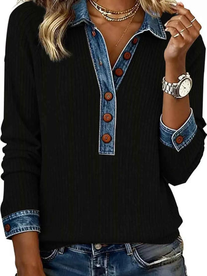 Full Size Denim Trim Button Front Ribbed Knit Top Plus Size