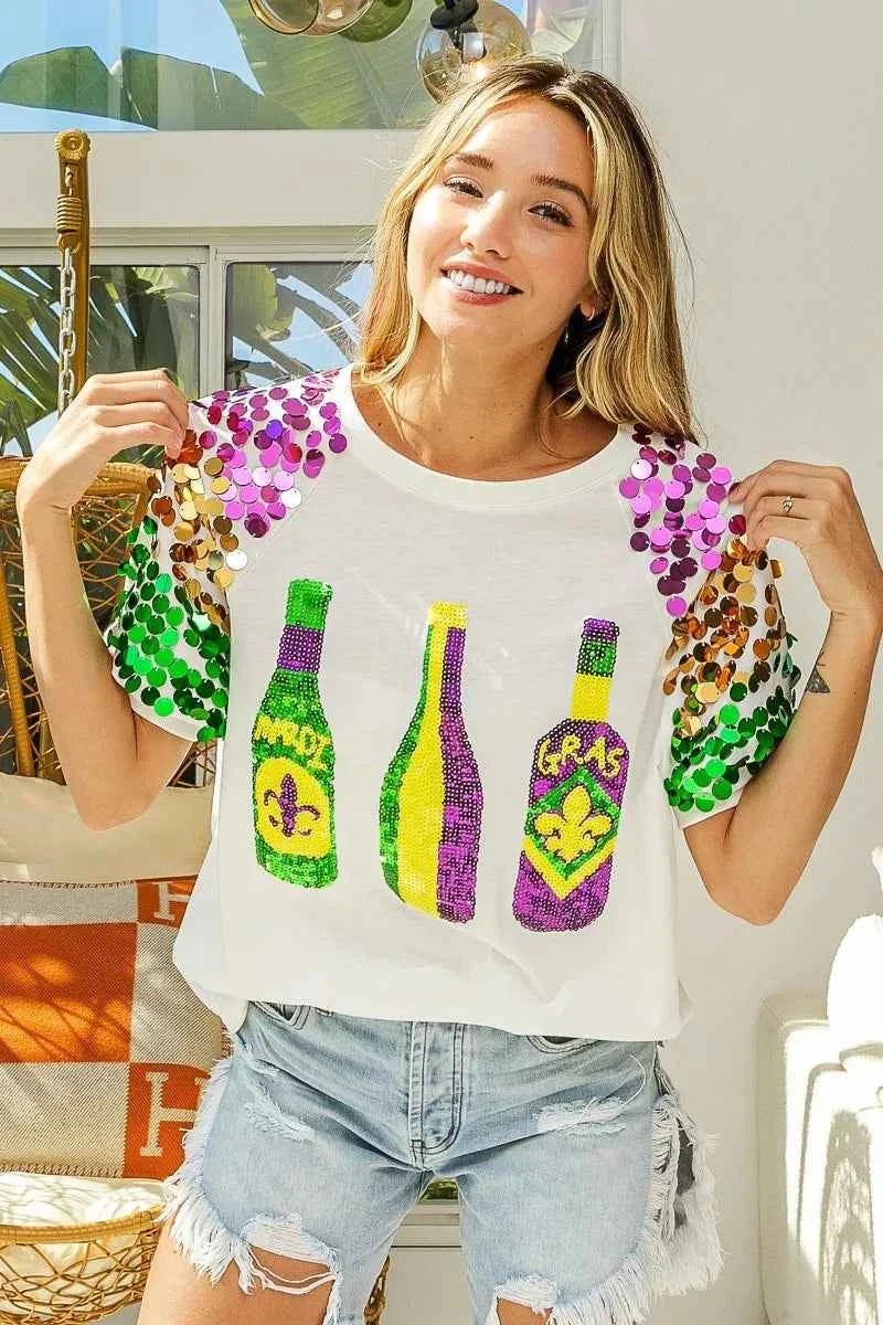 BiBi Sequin Mardi Gras Bottles Spangled Sleeve Top