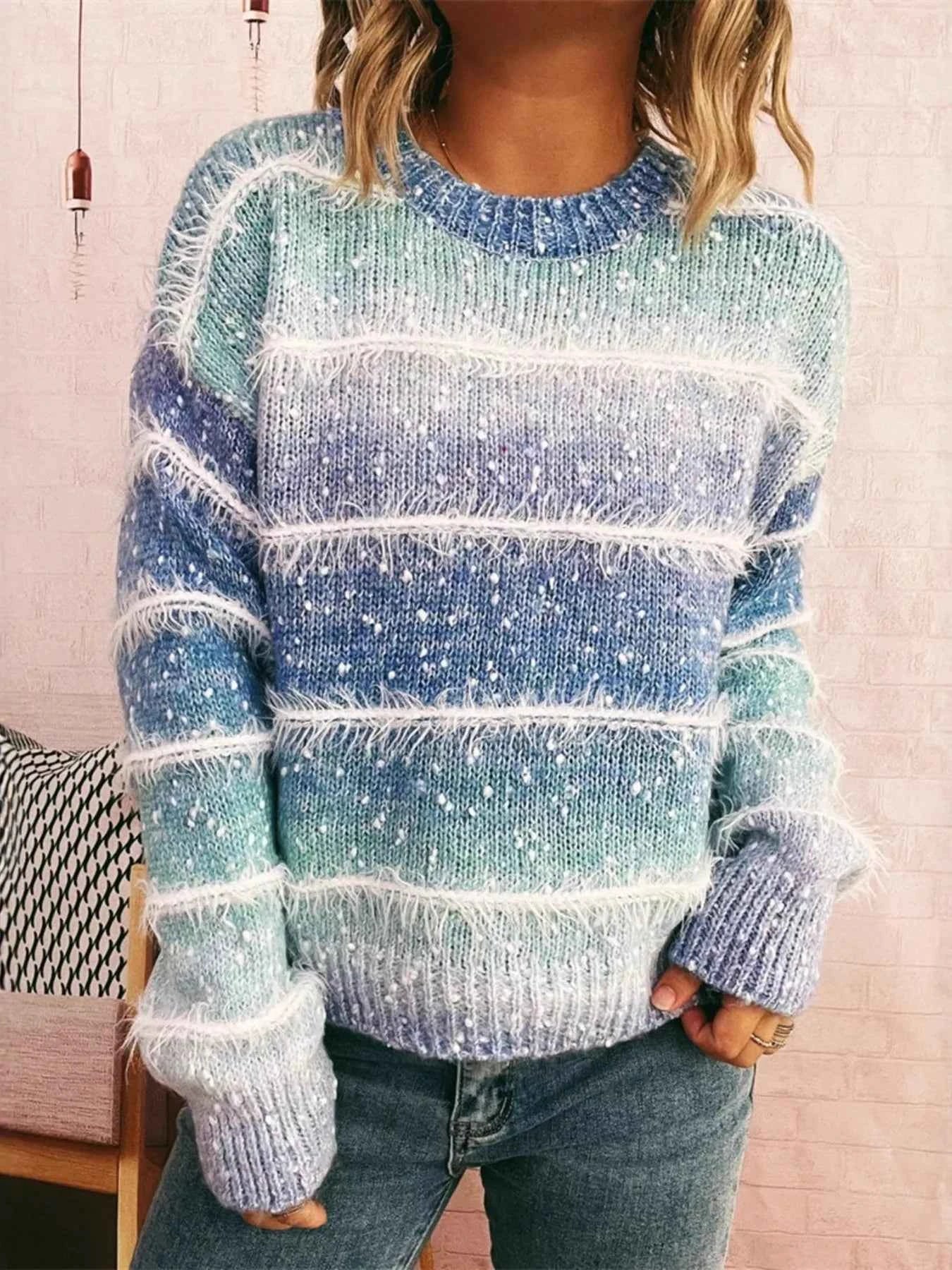 Gradient Striped Round Neck Sweater