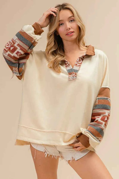 BiBi French Terry Knit and Aztec Print Mixed Top