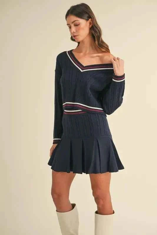 MABLE Cable-Knit Top and Pleated Skirt Sweater Set