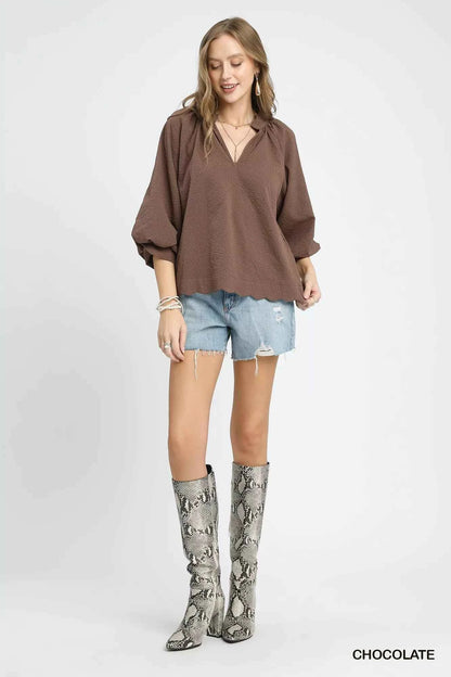 Umgee Full Size Textured Notched Balloon Sleeve Blouse Plus Size