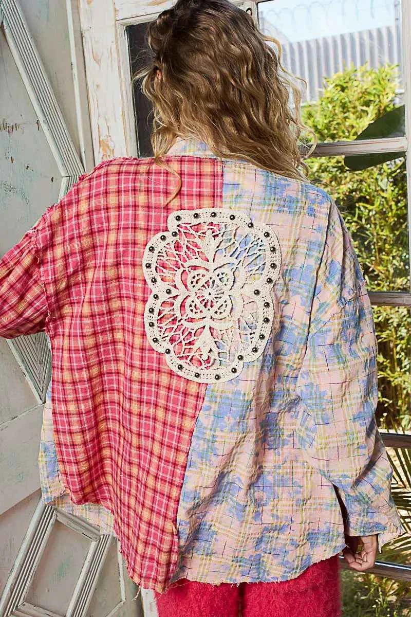 POL Patchwork Plaid Button-Up Shirt with Contrast Pockets