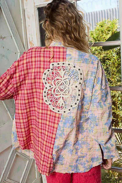 POL Patchwork Plaid Button-Up Shirt with Contrast Pockets