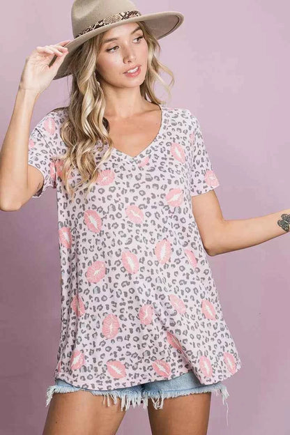 BiBi Leopard Lips Print Top V Neck Top