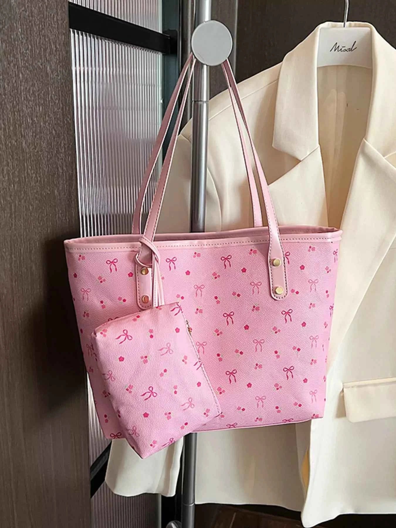 Printed Tote Shoulder Bag with Pouch