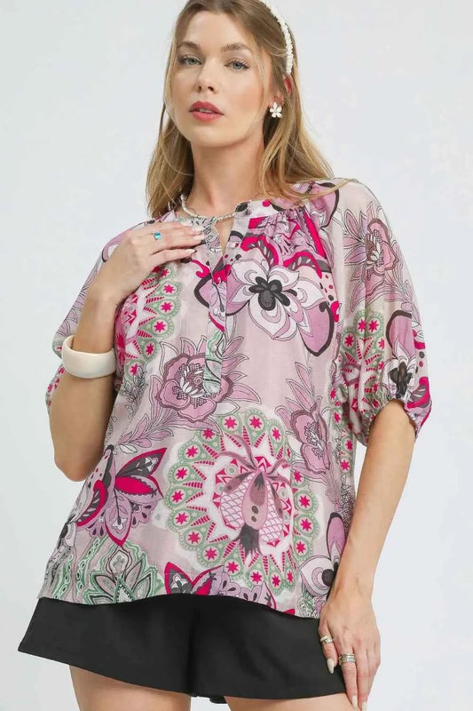 Umgee Floral Print Half Sleeve Blouse