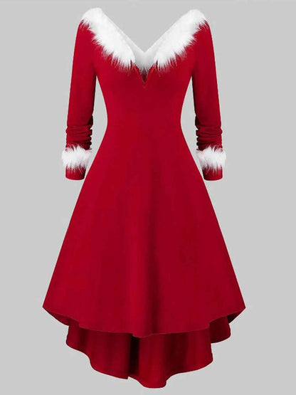 Fuzzy Trim Long Sleeve Christmas Dress