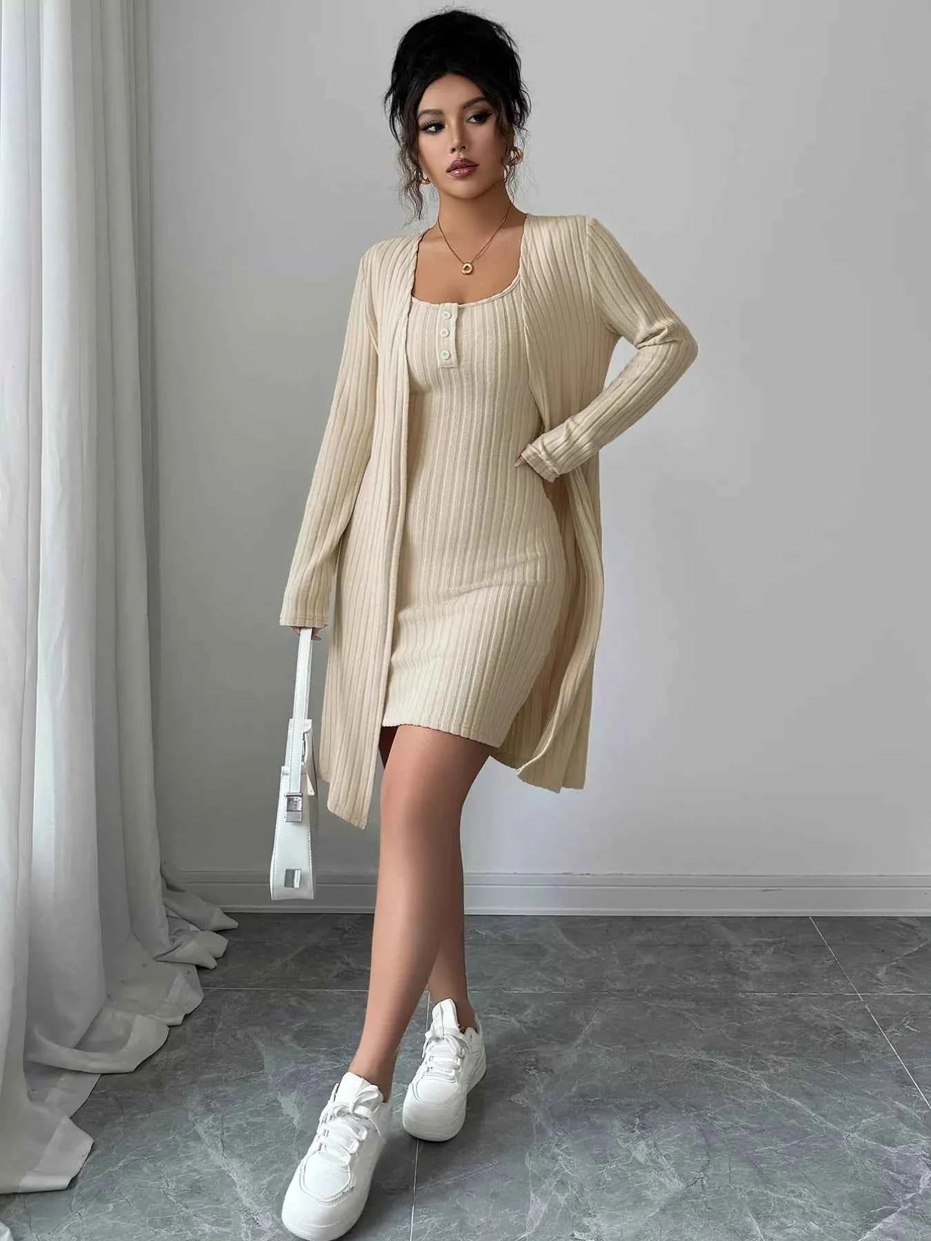 Ribbed Knit Cardigan & Dress Sweater Set