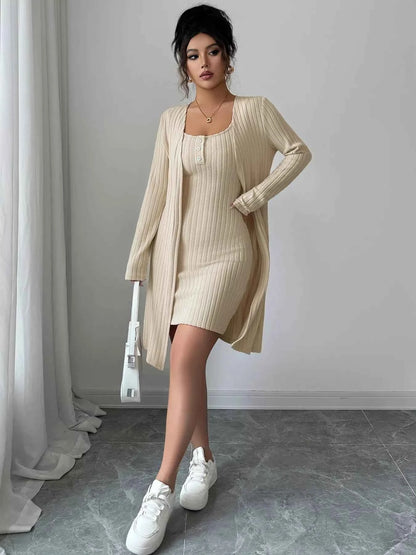 Ribbed Knit Cardigan & Dress Sweater Set