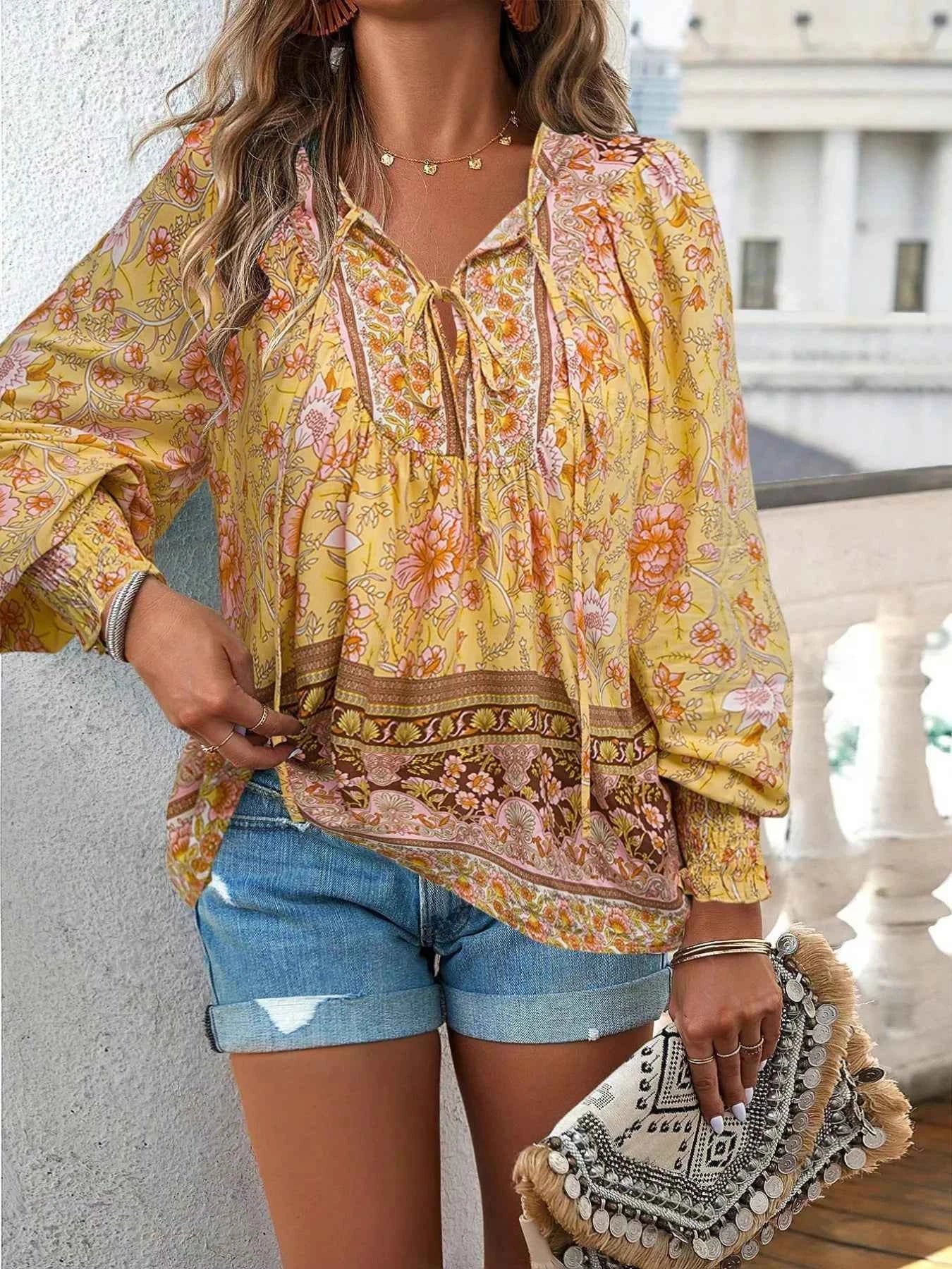 Floral Print Tie Neck Bohemian Blouse