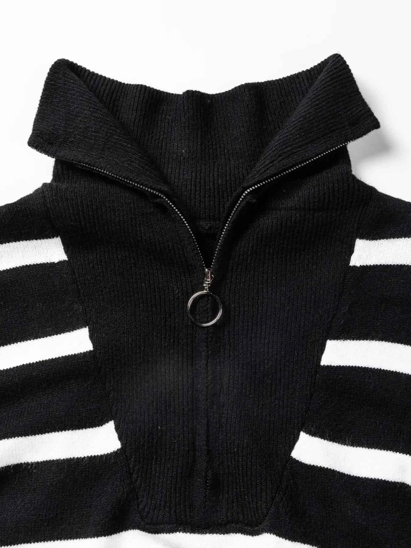 Striped O-ring Zip Collared Loose Sweater Mini Dress