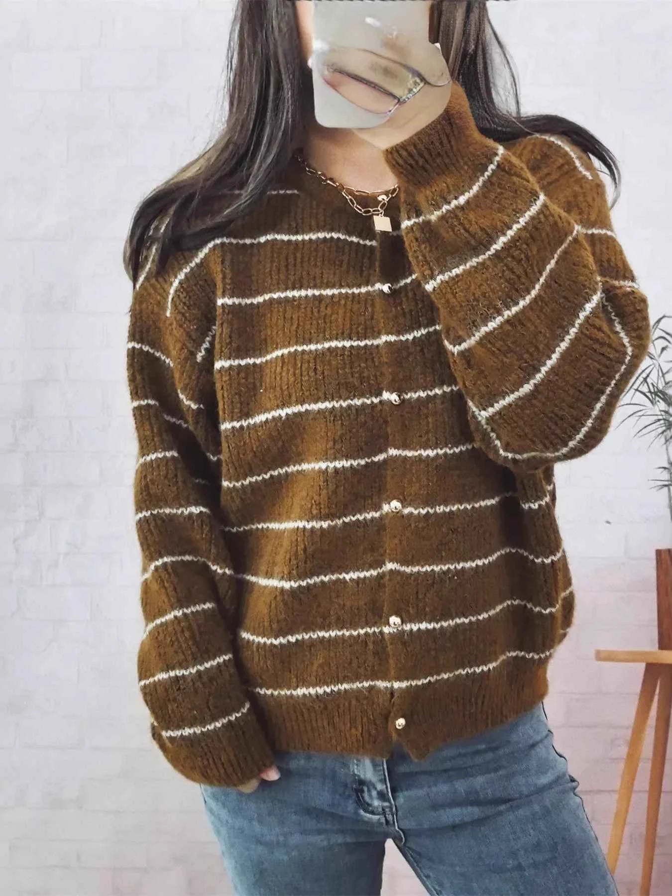 Striped Button Up Long Sleeve Cardigan