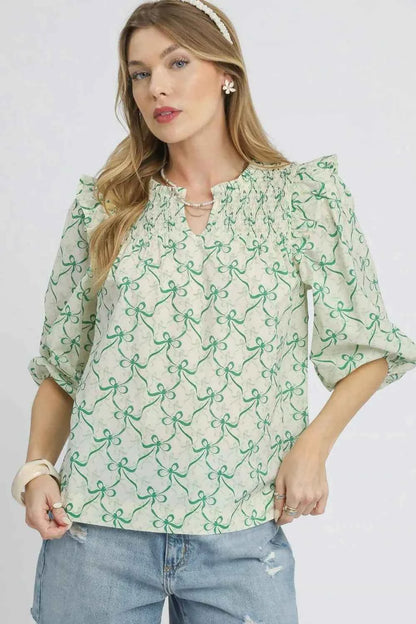 Umgee Ruffled Bow Print Notched Blouse