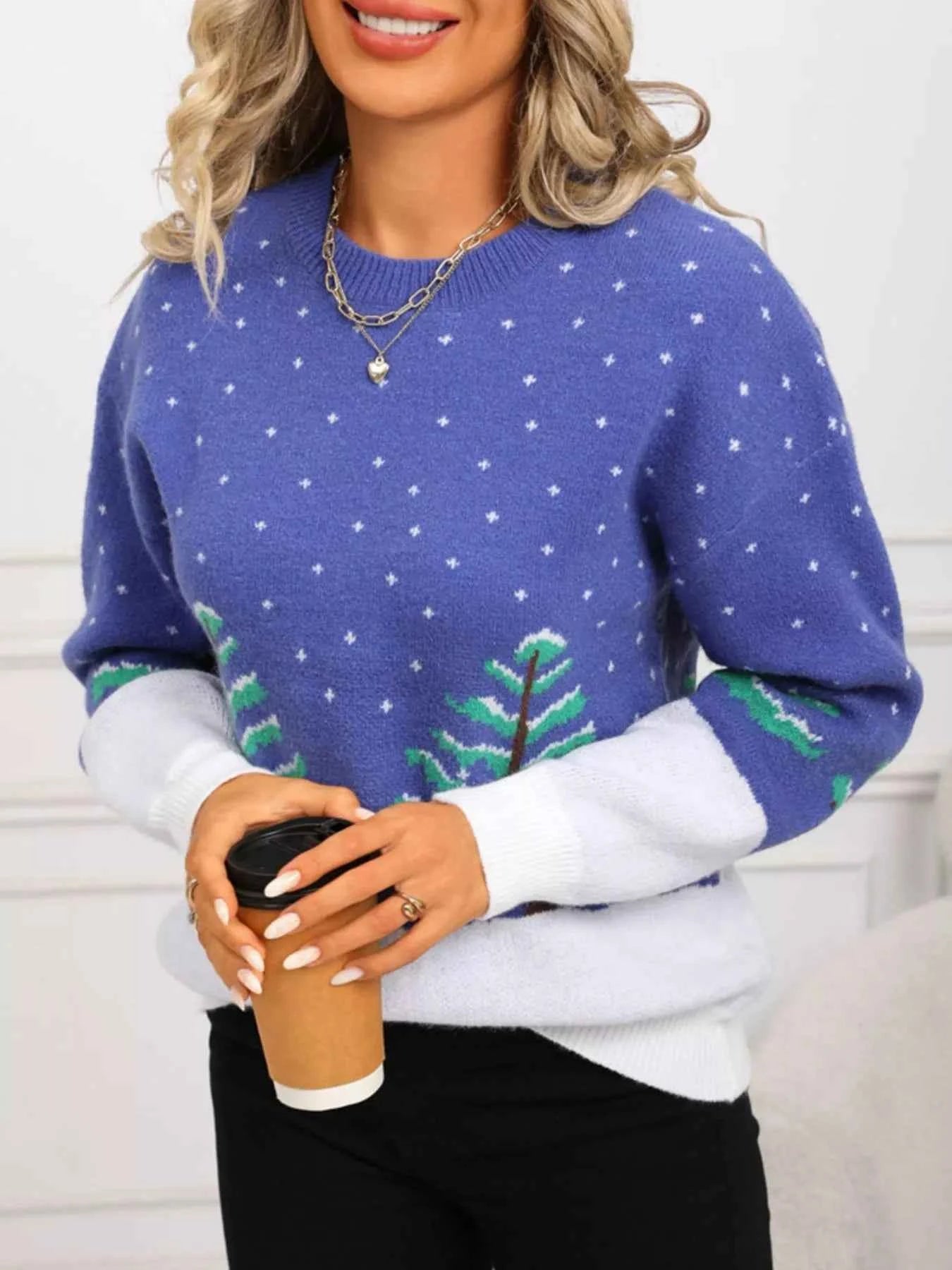 Tree Pattern Round Neck Sweater