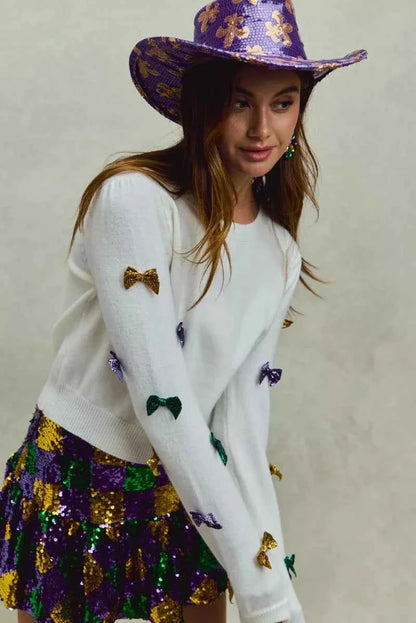 SO ME Mardi Gras Glitter Bow Ribbon Sweater Knit Top