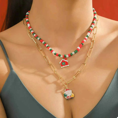 Christmas Double-Layer Necklace with Colorful Beads and Pendant