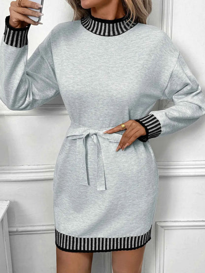 Striped Trim Tie Waist Sweater Dress