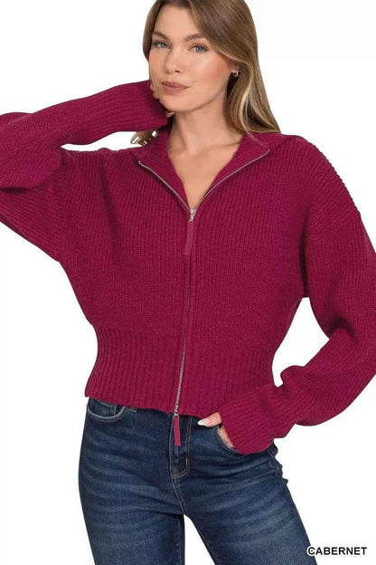 Zenana Ribbed Collared Zip Up Sweater Cardigan