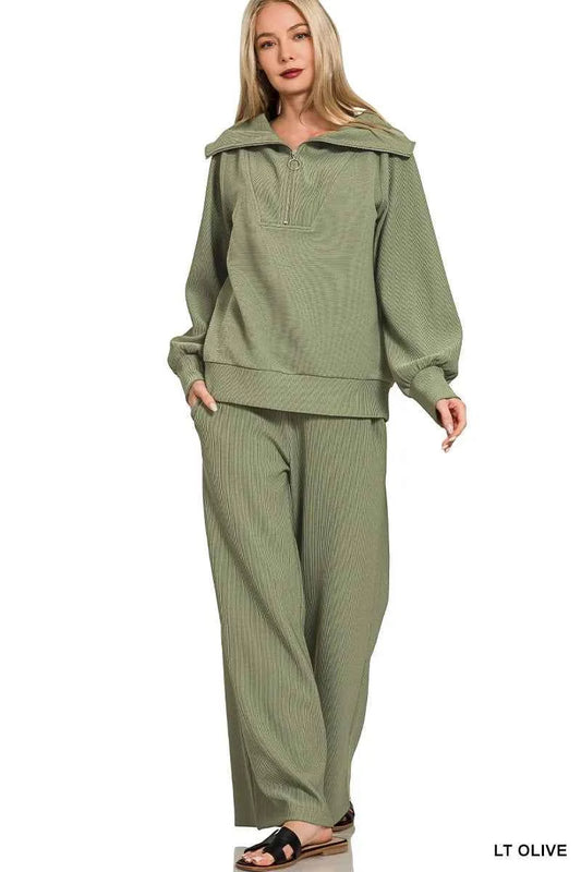 Zenana Ribbed High Neck Half Zip Pullover & Pants Set