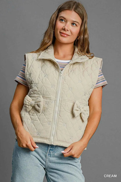 Umgee Sleeveless Quilted Vest with Bow Details