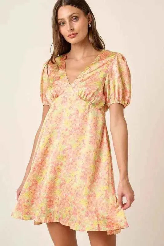 Mittoshop Printed V-Neck Puff Sleeve Mini Dress