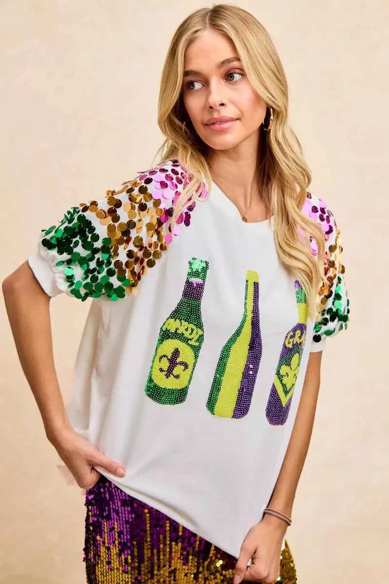 BiBi Sequin Mardi Gras Bottles Spangled Sleeve Top